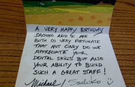増木先生のお誕生日、ステキなメッセージをいただきました。先生もスタッフも感動しております。ステキなメッセージをいただいてありがとうございます。